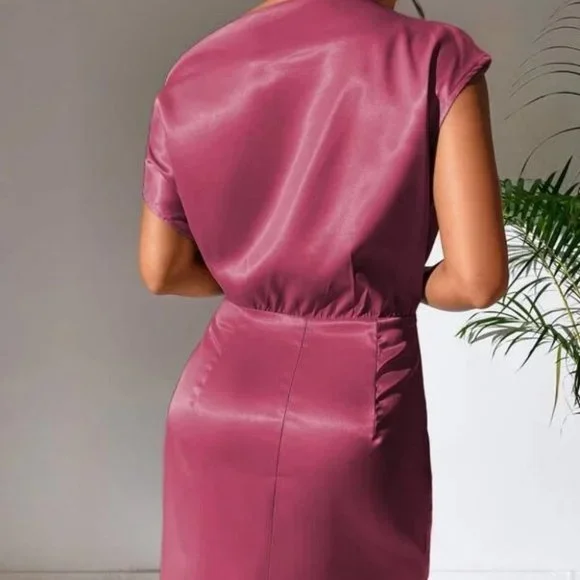 Pink Asymmetrical Neck Satin Mini Dress - Picture 7 of 8